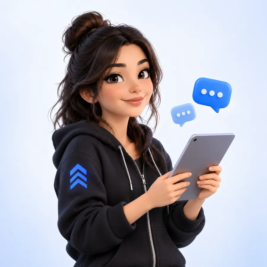 Mascote Clyver com um tablet, pronta para ajudar no atendimento